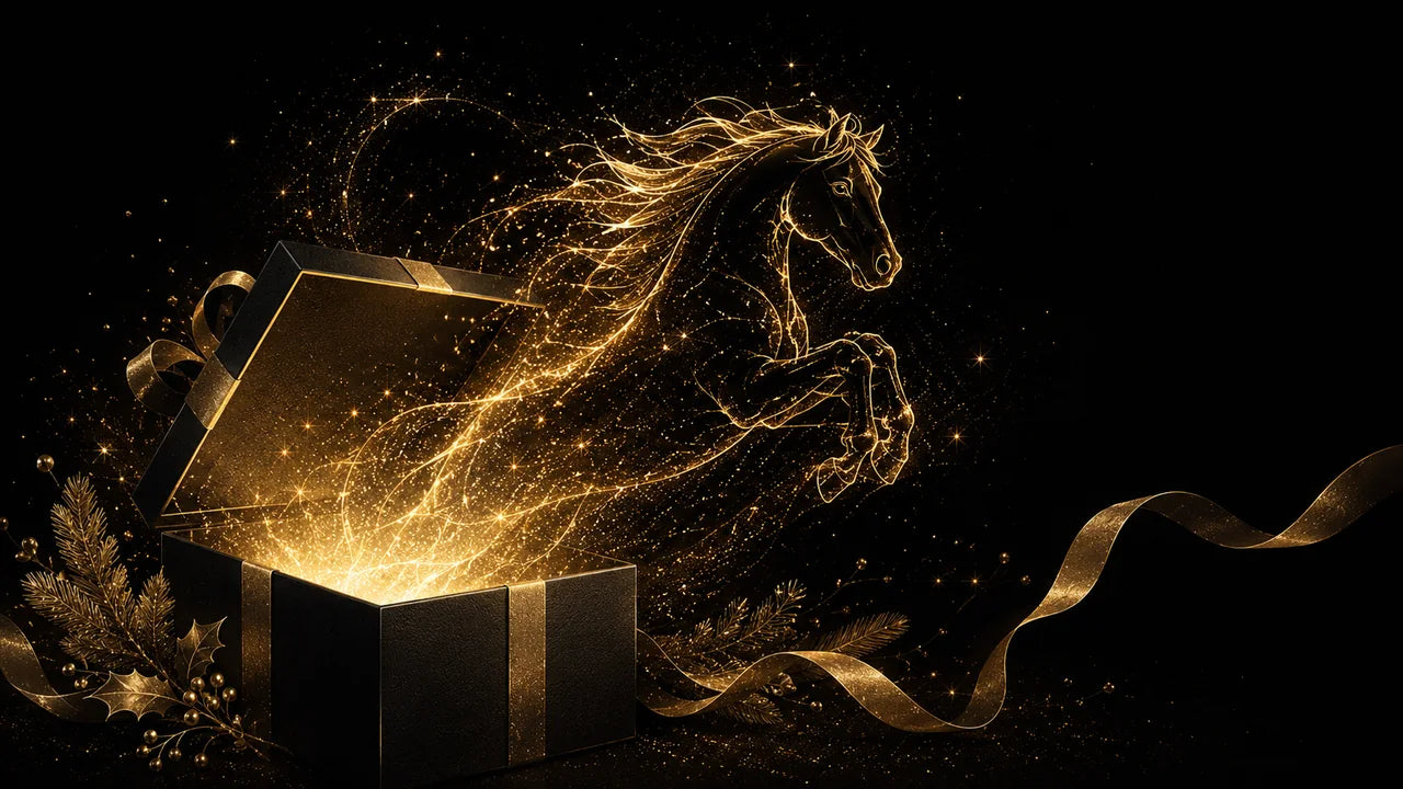 Cheval doré jaillissant d’un coffret cadeau Jacy Equestrian